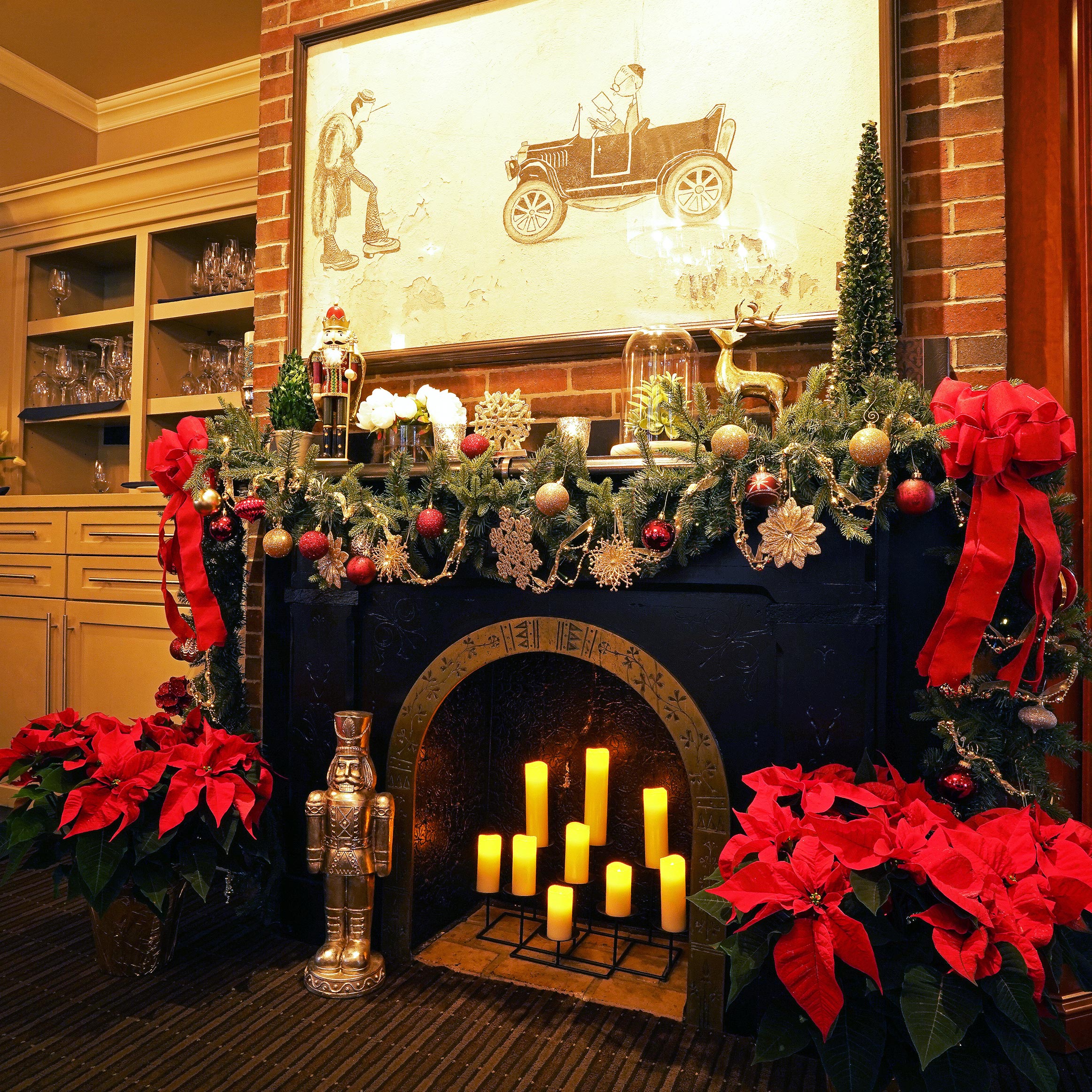The fireplace at The Perch, decorated for Christmas